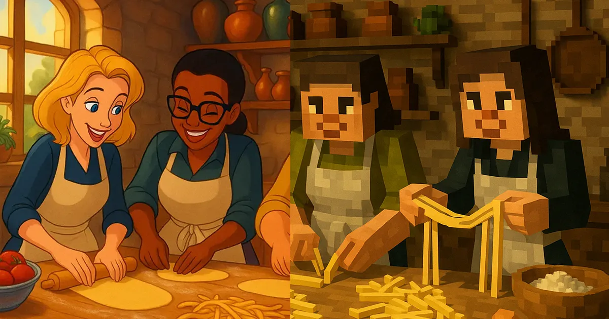 2 Frauen im Disney Stil und 2 Frauen im Minecraft Stil kochen in einer Küche